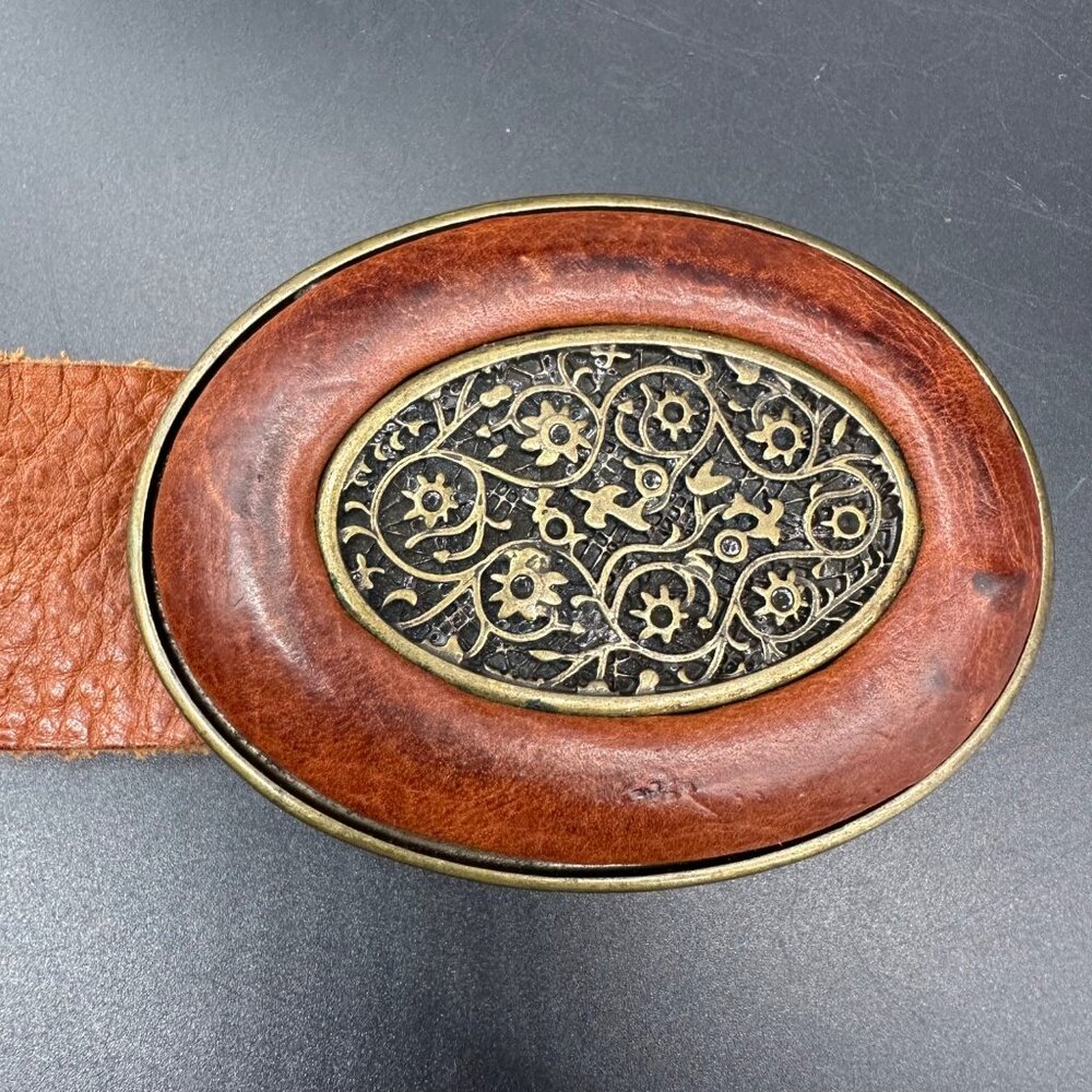 Vintage Italian Leather Womens Belt Ornate Brass Buckle Size M Fabio Corti Italy - Picture 2 of 7